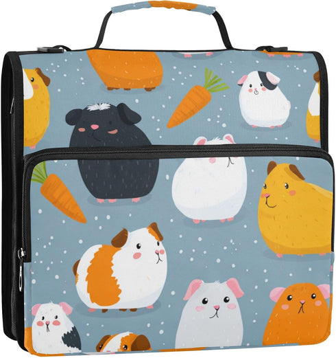 Fisyme 3 Cute Guinea Pigs Carrots Zipper Binder Ring with Zipper and Shoulder Strap Large Capacity Multi-Pocket Binder
