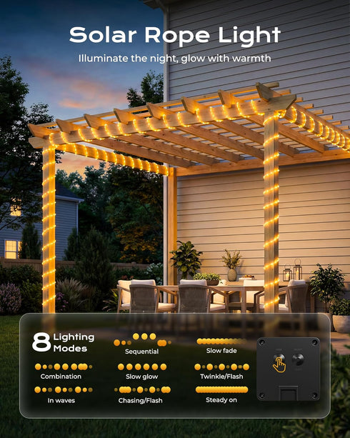 2 Pack 78FT 200LED IP65 8 Brightown Solar Rope Lights, Total Warm White Solar String Lights Outdoor, Waterproof Solar