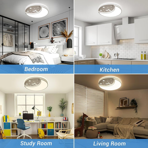 FAYOTAT 12 Inch 3 Dimmable Flush Mount Ceiling Light, Moon & Star Kids Bedroom Ceiling Lights, Color Temperature