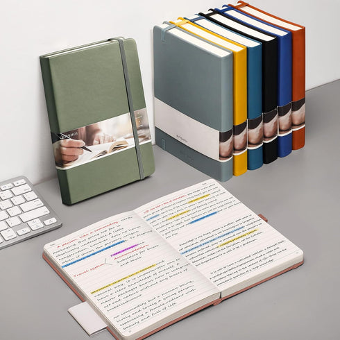 EMSHOI Lined Journal Notebook, 120gsm Thick Leather, 256 Numbered Pages A5, Medium 5.75" x 8.38", Yellow
