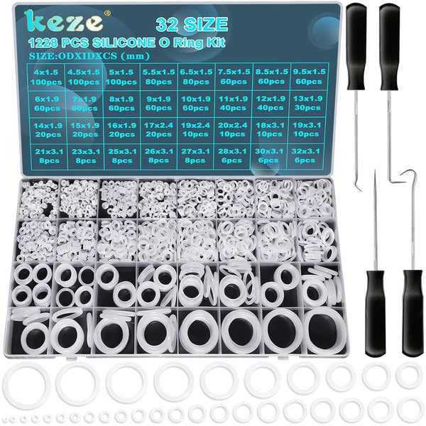 1228 Pcs Clear Food Grade Silicone O Rings Assortment Kit with Pick and Hook, Metric OD: 4-32mm