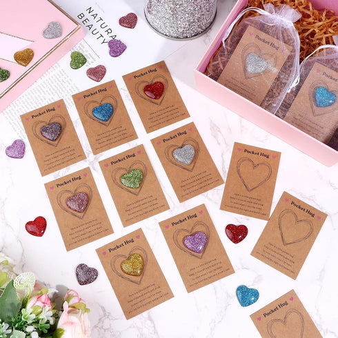 DatingShiny 96 Sets Pocket Hug Token Bulk Natural Heart Crystals with Hug Cards and Organza Bags Pocket Hug Heart