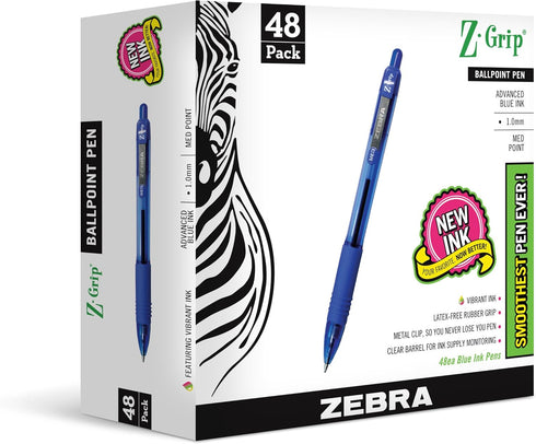 Zebra Pen Z-Grip Retractable Ballpoint Pen, Medium Point, 1.0mm, Blue Ink, 48-Count