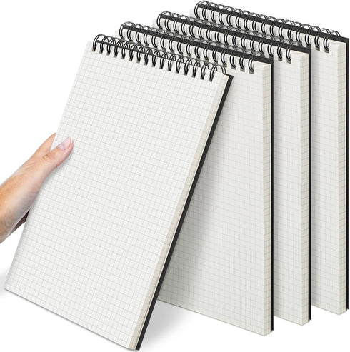 Graph Paper Spiral Notepad, A5 Top Wirebound, 140 Pages for Writing, Sketching, School Office Supplies (Black, 4 Pack)