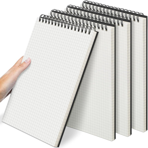 Graph Paper Spiral Notepad, A5 Top Wirebound, 140 Pages for Writing, Sketching, School Office Supplies (Black, 4 Pack)