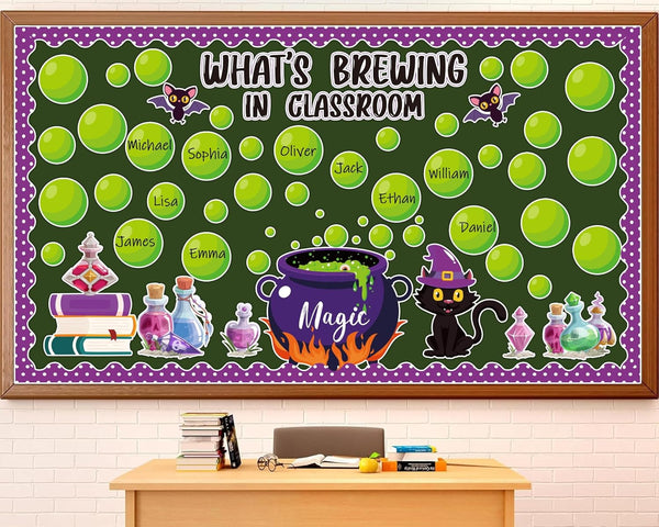 gisgfim Halloween Bulletin Board Decorations Set with Cauldron, Black Cat, Magic Jar Paper Cutouts