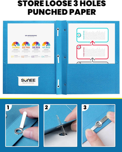 SUNEE 100-Pack Blue File Folders - Letter Size with 2 Pockets and 3 Prongs, 9.3 x 11.6 in