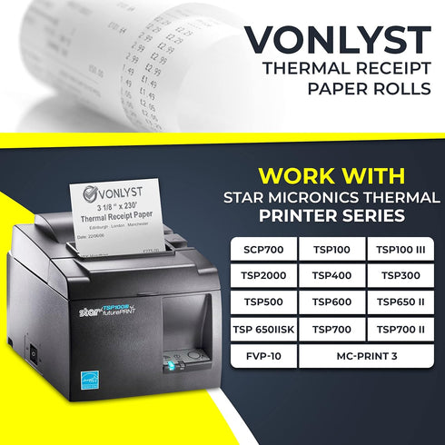 Receipt Paper Roll 3 1/8 x 230 for Square Register and Square POS System, Pack of 12 Rolls -