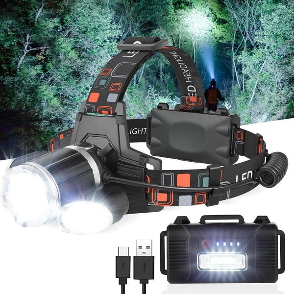 Rechargeable Headlamp, 10000 High Lumen LED Light, Waterproof Camping Gear with Red Light, 4 Modes USB Recharge