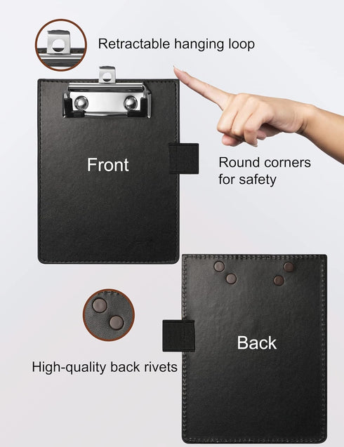 Mini Clipboards 4"x6" - Small Faux Leather Memo Pocket Clipboard with Pen Holder for Receipts & Notepads (Black)