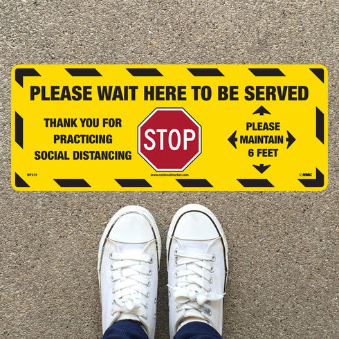 NMC WFS75 STOP! Please Wait Here To Be Served Social Distancing Floor Sign - 8x20 Walk-On Non-Slip Vinyl