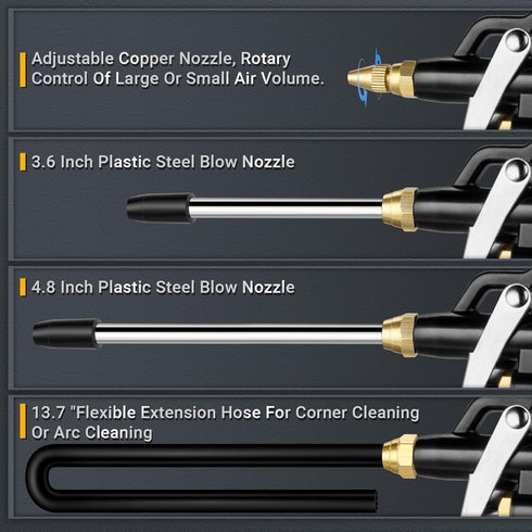 High Volume Air Blow Gun, Brass Adjustable Nozzle, 2 pcs Steel Extensions, 13.7 Inch Universal Blow Hose