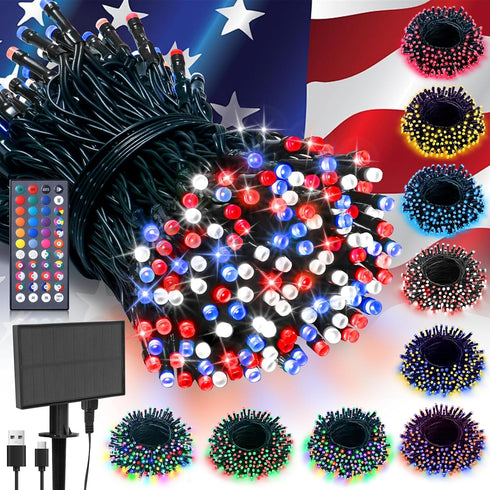 LitHome 100 LED Solar Christmas String Lights Outdoor, 33FT 34Colors Changing Solar/USB Red