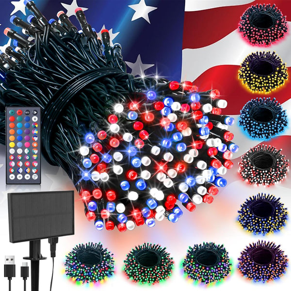 LitHome 100 LED Solar Christmas String Lights Outdoor, 33FT 34Colors Changing Solar/USB Red