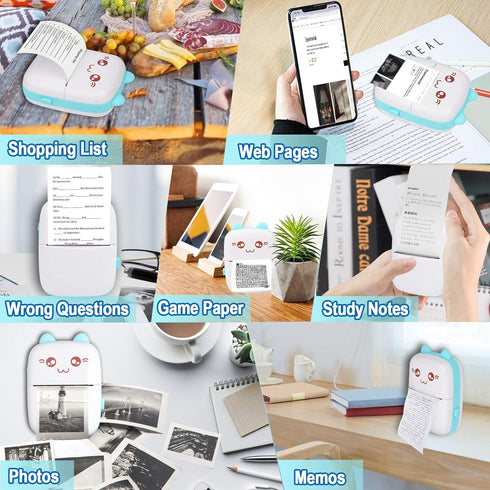 Portable Printer, Mini Pocket Wireless Bluetooth Thermal Printer with 6 Rolls Printing Paper for Android iOS, Blue