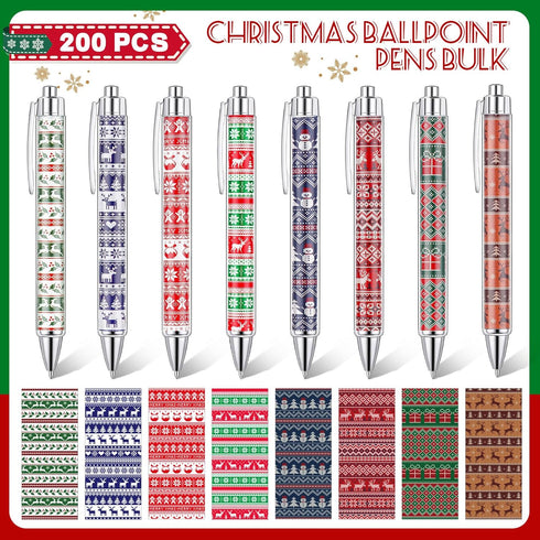 Cholemy 200 Pcs Christmas Pens Bulk, Xmas Theme Ballpoint Pens, 0.7mm Black Ink for School Office Home Gift