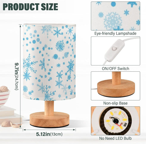 YYZZH Frozen Table Lamp Blue Snowflake Pattern Snowy Christmas Xmas Holiday Decor Nightstand Lamp with Wood Base Fabric