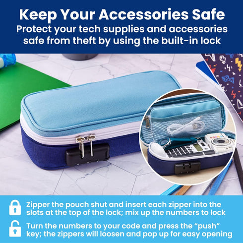 It's Academic Locking Pencil Case - Compact, High Capacity Travel Organizer Bag for Office & School Supplies, Blue