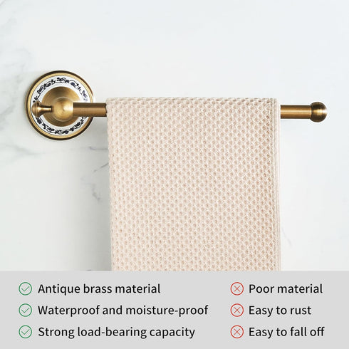 Antique Bronze Brass Hand Towel Bar for Bathroom, Rustproof Wall Mounted Towel Rack with Porcelain Design