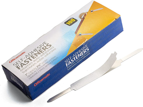 Officemate Self Adhesive Prong Paper Fasteners, Matte Steel Finish, 1 inch Capacity, Box of 100