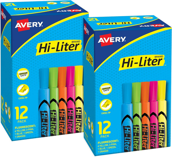 AVERY Hi-Liter Desk-Style Highlighters, Chisel Tip, 12 Highlighters, Assorted Colors, 2 Packs (25601)
