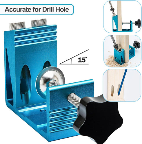 Pocket Hole Jig Kit with Drill Guide, 15 Degree Woodworking Joint Tool for Adjustable DIY Carpentry Locator