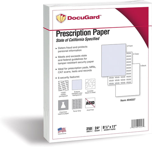 DocuGard California State Medical Security Paper, 8.5 x 11, 24 lb, 250 Sheets (04557), Blue