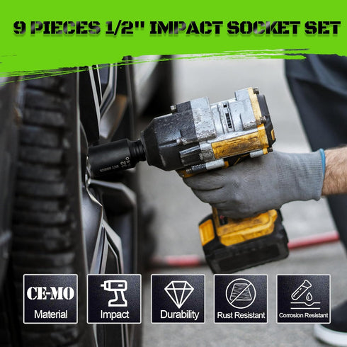 1/2" Set, 9-Piece 6-Point, 29mm, 30mm, 31mm, 32mm, 33mm, 34mm, 35mm, 36mm,38mm Drive Impact Socket Metric Deep Axle Nut