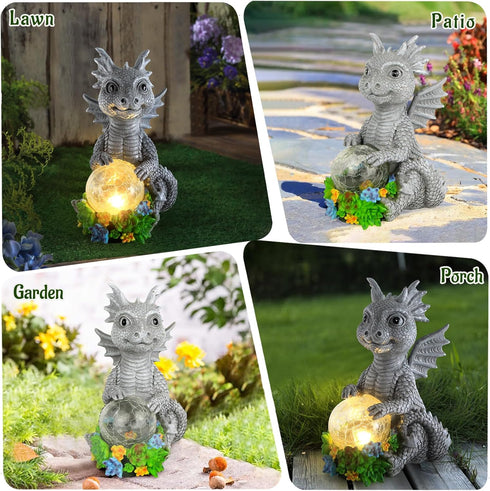 Solar Garden Outdoor Statues Dragon Holding Magic Orb with Solar LED Lights - Lawn Decor Outdoor Statue for Patio