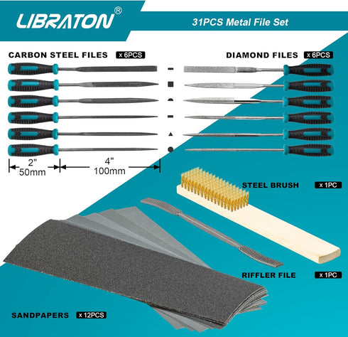 Libraton 31PCs Metal File Set, Metal Files for Steel, 12 Needle Files with Case, Riffler File, Sandpapers