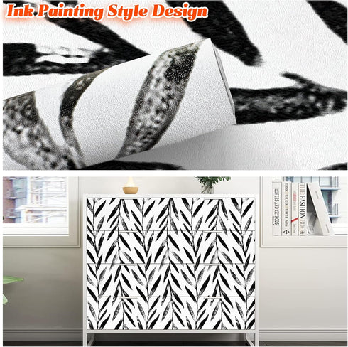 Wudnaye Black and White Peel and Stick Wallpaper: Leaf Contact Paper 17.7 inch × 118.1 inch, Self-Adhesive Decorative