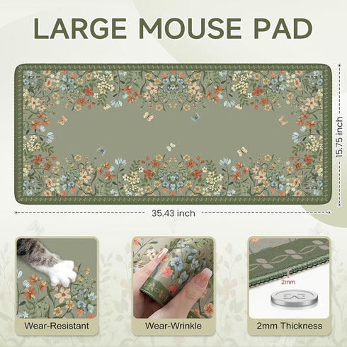 iCasso Desk Mat for Keyboard and Mouse,Large Keyboard Mat Non-Slip,Cute Desk Pad with Stitched Edges,Floral Mousepad