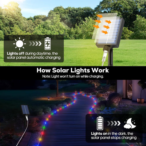 66FT 200LED 1800mAh IP67 8 ICRGB Trampoline Lights, Solar Rope Lights Outdoor, Waterproof, Solar Power Outdoor Light