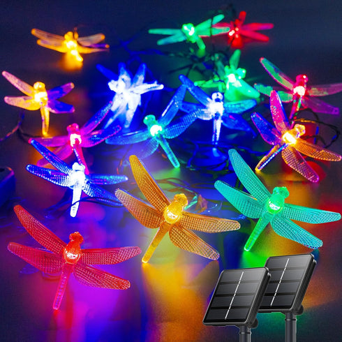 OZS 2PK 40LED 50FT Dragonfly Solar Lights Outdoor Waterproof, Multicolor Solar Fairy