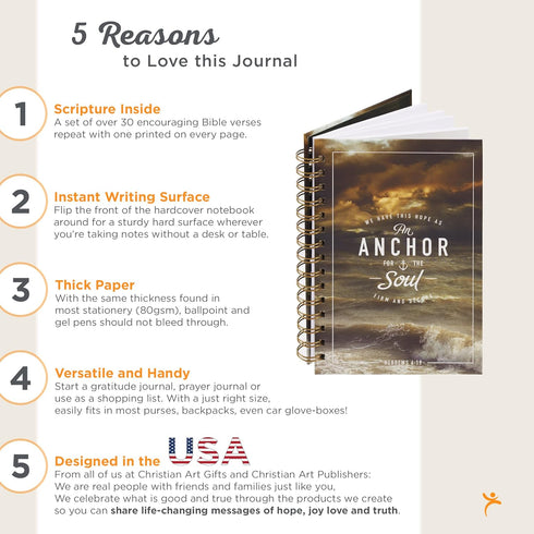 Christian Art Gifts Journal w/Scripture Anchor For the Soul Hebrews 6:19 Bible Verse 192 Ruled Pages, Large Hardcover Notebook, Wire Bound