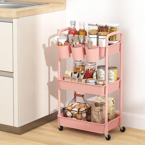 MOYIPIN 3-Tier 5 Plastic Rolling Utility Cart with Handle,Utility Storage Cart for Office, Living Room, Kitchen,Movable