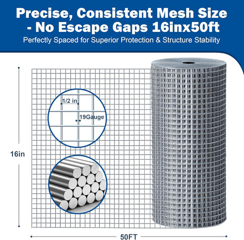 1/2" 1/2" 16 50 19 Hardware Cloth x in x ft, Gauge Chicken Wire Fence, Welded Wire Fencing Mesh Roll with Cutting Plier