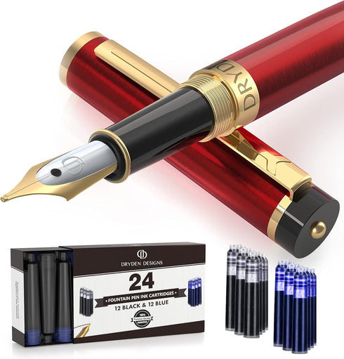 Dryden Designs Fountain Pen Gift Pouch with Medium Nib - Includes 24 Ink Cartridges - MCM (Red)