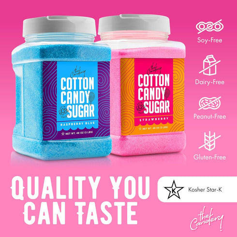 (2-Pack) 3 LBS The Candery Cotton Candy Floss Sugar Includes | Raspberry Blue and Strawberry | Plastic, Reusable Jars |