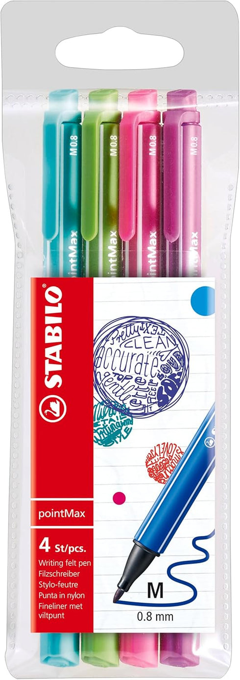 STABILO Fineliner pointMax, Pack of 4, Ice Green, Light Green, Pink, Lilac, 0.8mm Medium Tip, Water Based Quick Dry Ink