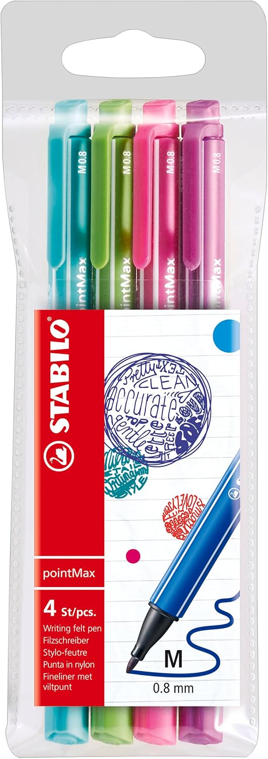 STABILO Fineliner pointMax, Pack of 4, Ice Green, Light Green, Pink, Lilac, 0.8mm Medium Tip, Water Based Quick Dry Ink