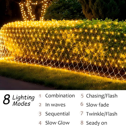 11.5FT 5FT 240 8 x Solar Christmas Net Lights Outdoor with Remote, LED USB Warm White Mesh Lights for Bushes