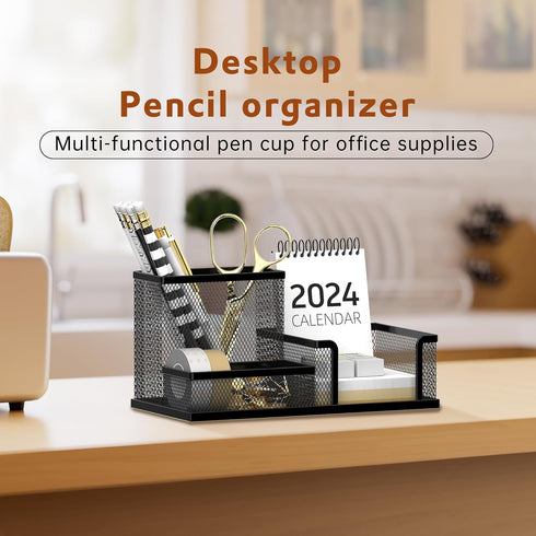 SUPEASY Mesh Pen Holder Desk Organizer, Office Supplies Storage with 3 Compartments for Home School