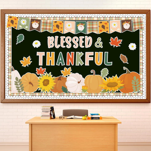 Fall Bulletin Board Decorations, Thanksgiving Pumpkin Classroom Decor, Autumn Leaves Blessed Thankful Paper Cutouts