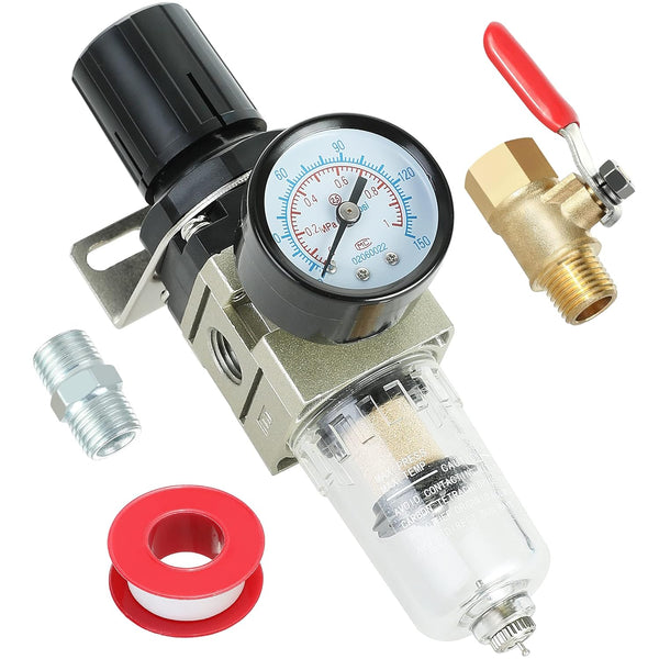 Hromee 1/4 Inch Air Compressor Filter Regulator Combo, Water Oil Separator with Pressure Gauge and Manual Drain