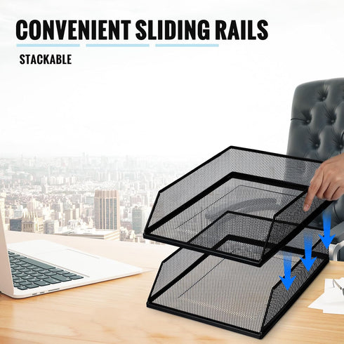 Hicarer 4 Pcs Black Metal Letter Tray, Stackable Desk Tray, Single Wire Mesh Desk Organizer, Front Load File Paper