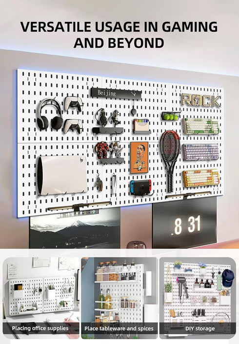 Wall Organizer Peg Board, Elevate and Declutter Your Gaming and Office Space, White