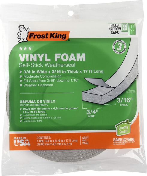 Frost King Vinyl Foam Tape, Closed Cell, 3/8" W, 1/4" Thick, 17' L, Grey