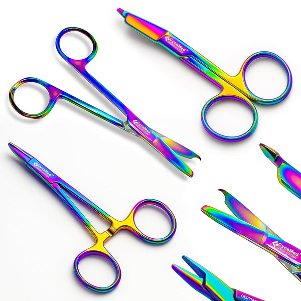 CynaMed Hemostat and Scissors Set (3-Piece) Multicolor Titanium-Coated Suture Removal Scissors, Lister