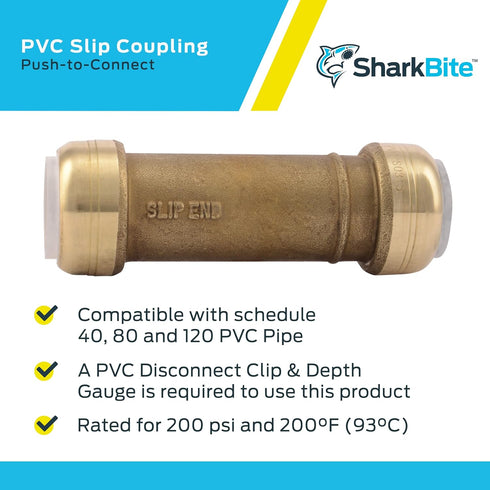 SharkBite 3/4 Inch PVC Slip Coupling, Push to Connect Brass Plumbing Fitting